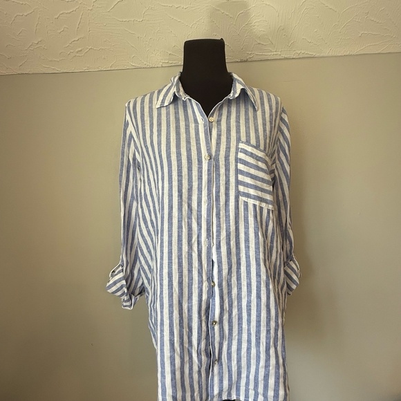Nicole Miller Tops - Nicole Miller Large Blue White Striped Linen 3/4 Sleeve Button Down
